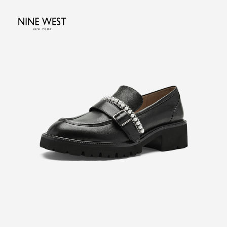 Nine West/玖熙英伦风厚底乐福鞋女黑色珍珠装饰一脚蹬百搭单鞋