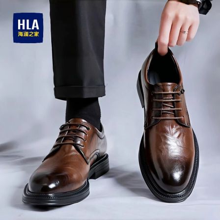 海澜之家商务休闲皮鞋男士棕色厚底德比鞋正装内增高面试上班鞋子
