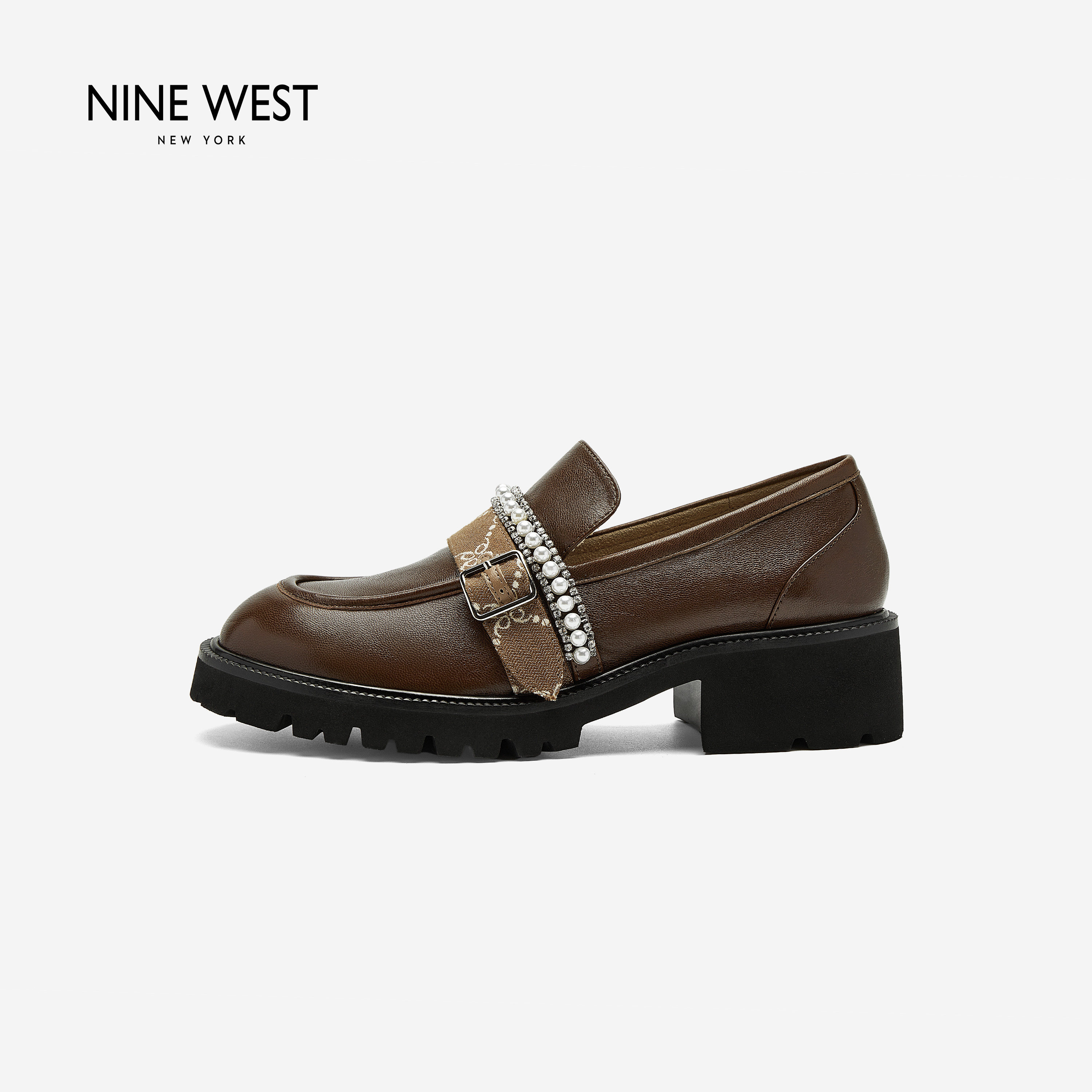 Nine West/玖熙棕色珍珠乐福鞋女新款通勤厚底英伦小皮鞋深口单鞋主图