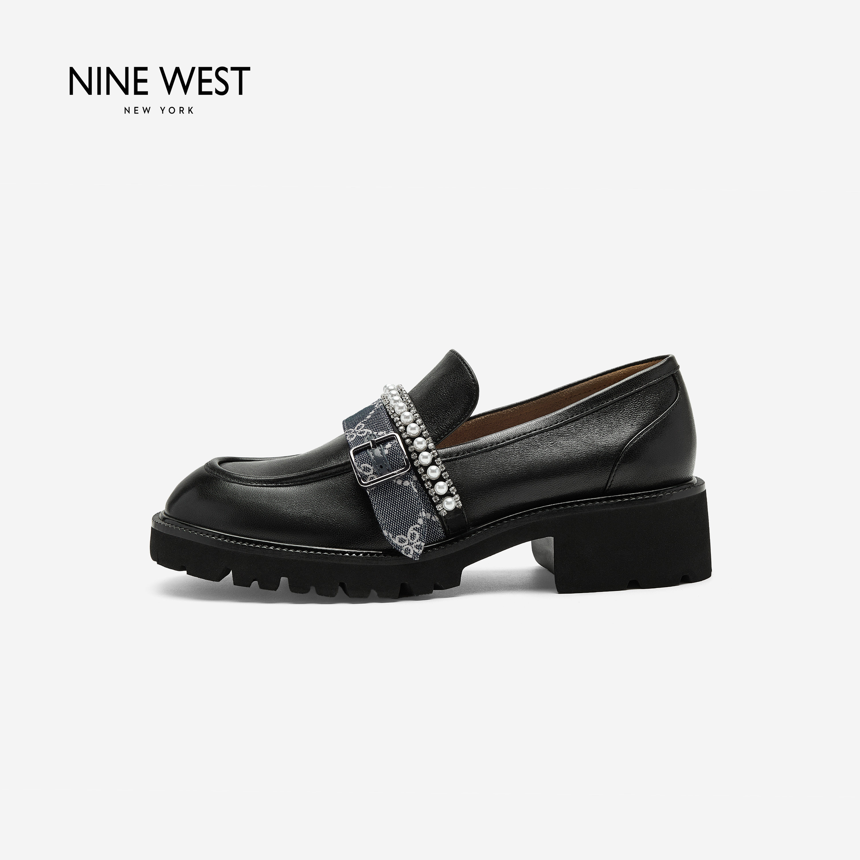 Nine West/玖熙珍珠乐福鞋女2026秋冬新款通勤厚底小皮鞋深口单鞋主图