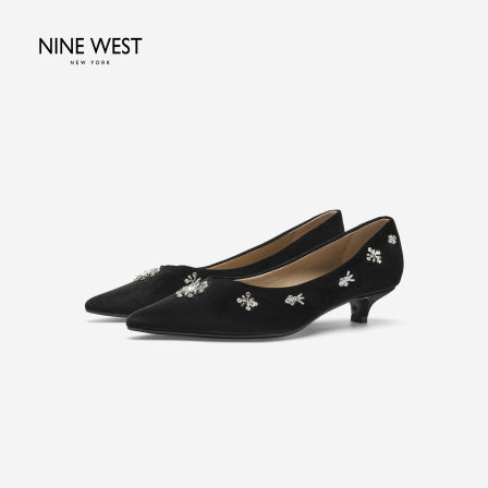 Nine West/玖熙水钻装饰浅口单鞋女尖头低跟舒适通勤猫跟高跟鞋