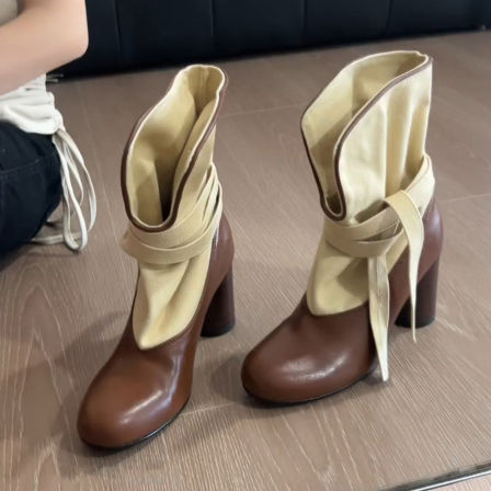 牛皮版~欧美时尚拼接复古绑带西部牛仔靴女小众设计舒适显瘦短靴