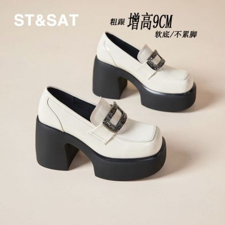 星期六白色高跟鞋软底不累脚女鞋浅口一脚蹬乐福鞋光面漆皮小皮鞋