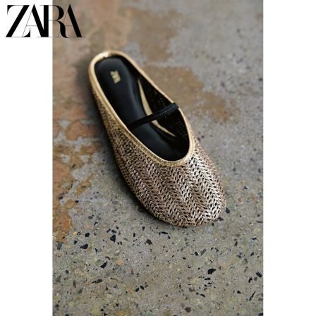 ZARA26春夏新款 女鞋 镀金属层编织露跟芭蕾平底鞋 1594710 091