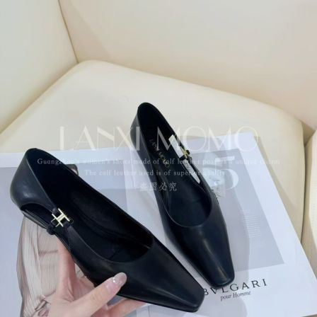 【LANXI MOMO】时尚休闲百搭女士黑色浅口方头低跟单鞋26DX054LX