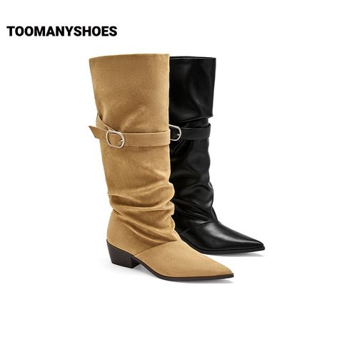 【达人】Toomanyshoes绝对控场复古时髦时装粗跟高筒堆堆靴主图
