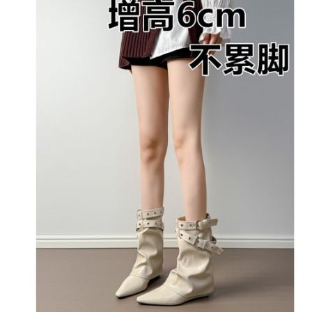 羊皮版~法式气质辣妹皮带扣裤管靴女尖头坡跟短靴白色中筒骑士靴