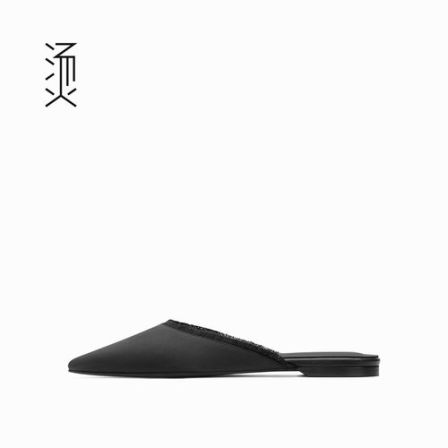 烫[自]黑色布面毛边平底单鞋2026夏季新款一脚蹬懒人半拖女鞋