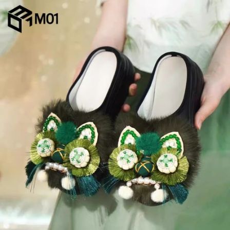 M01虎头鞋女成人厚底增高夏季外穿复古半拖布鞋非遗手工绣花拖鞋
