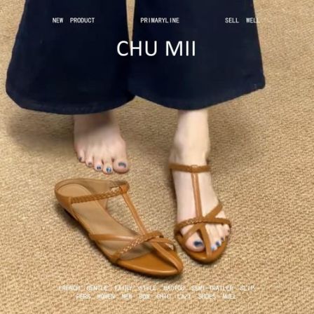 羊皮版-法式交叉带凉鞋女极简风外穿编织带罗马镂空小楔型凉施鞋