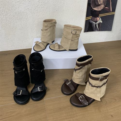 内增高复古皮带扣一字带露趾凉靴女2026夏季新款度假风编织短靴女主图