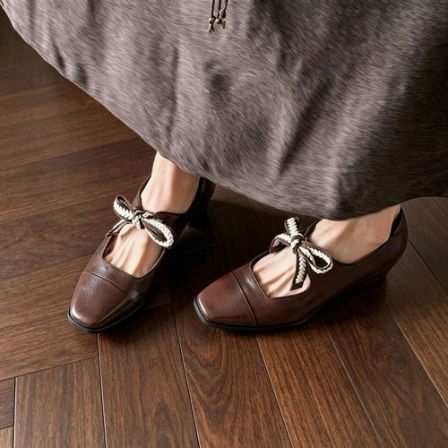 跟高4CM/头层牛皮法式复古方头浅口粗跟系带玛丽珍鞋女士真皮单鞋