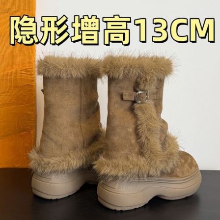 厚底毛绒翻边高筒靴女增高13CM冬季加绒保暖长靴皮带扣雪地靴棉鞋