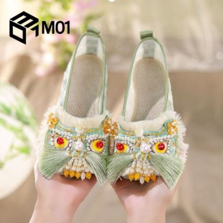 M01虎头鞋女成人夏季网纱软底透气浅口绣花鞋配国风古风汉服鞋子