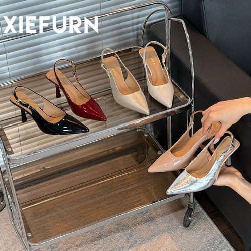 XIEFURN/鞋夫人专属漆皮高跟鞋女春夏尖头细跟后空凉鞋气质优雅主图