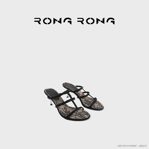 RONGRONG 真丝布拼羊皮黑色蕾丝法式优雅带跟凉拖RR243546主图
