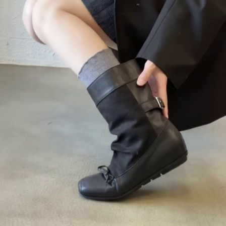 羊皮版~芭蕾风蝴蝶结堆堆靴女复古慵懒百搭方头褶皱套筒中筒靴女