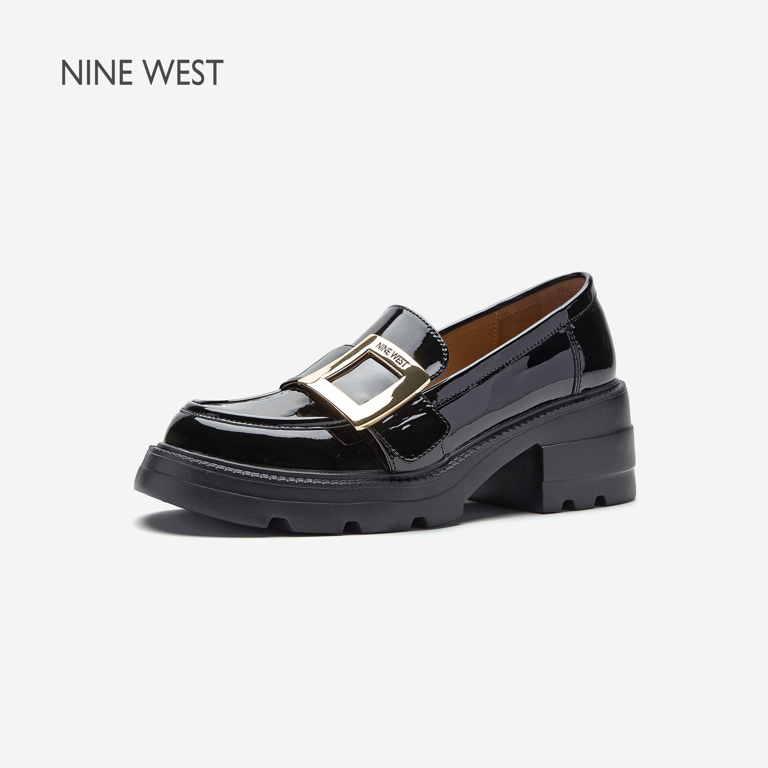 Nine West/玖熙英伦风厚底乐福鞋女通勤漆皮方扣深口单鞋时尚百搭主图