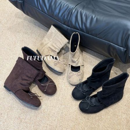 【胖福福大码女鞋】复古堆堆凉靴女夏季芭蕾玛丽珍蝴蝶结套筒短靴