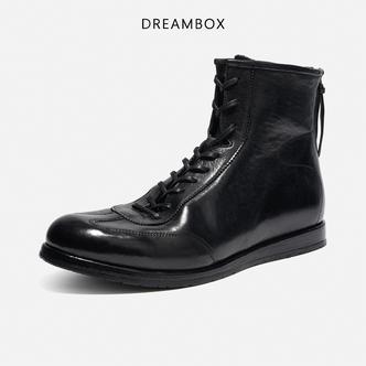 DREAMBOX钧博石洗马皮高帮德训鞋平底舒适马丁靴英伦复古手工男鞋