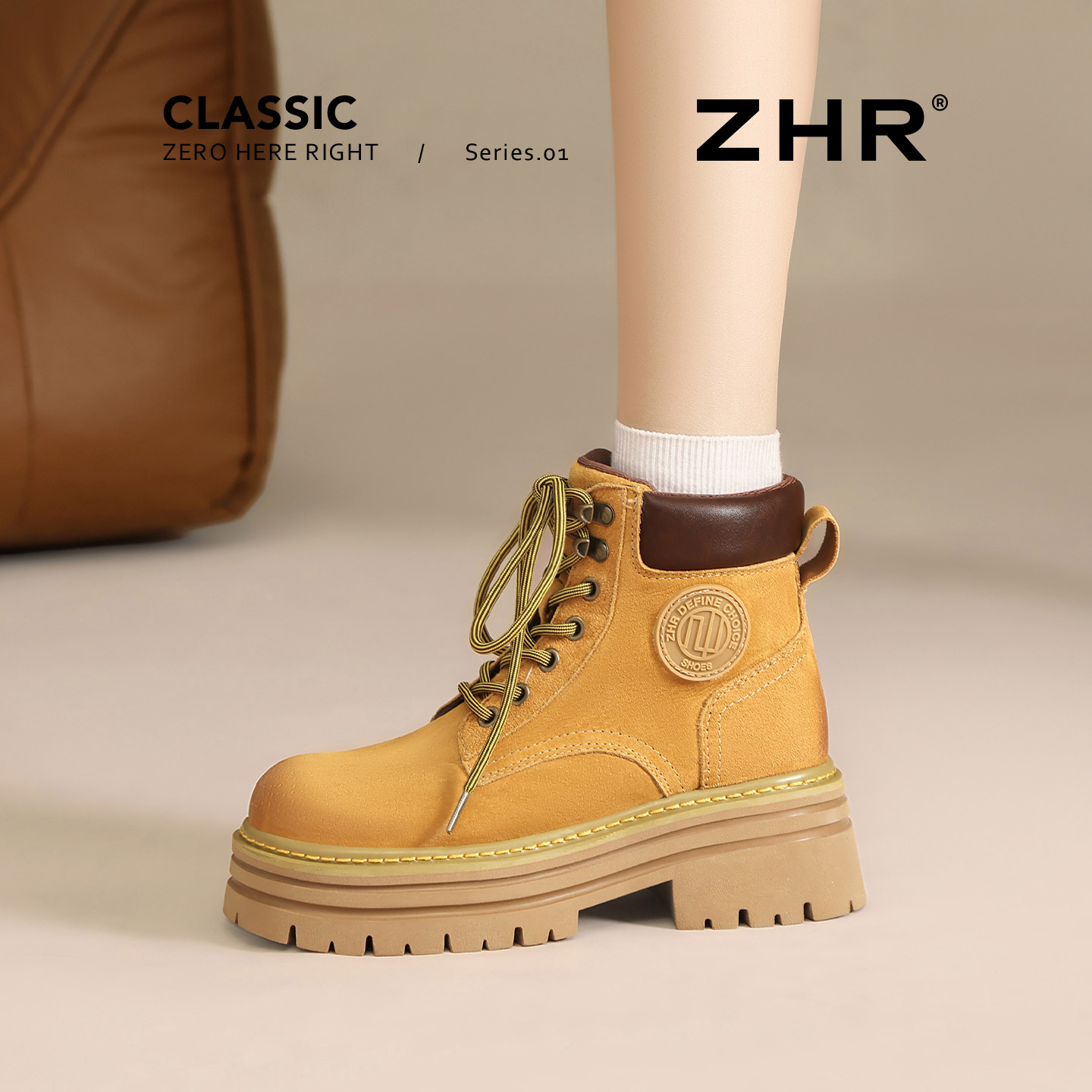 ZHR则则真皮厚底马丁靴女2026秋季新款复古增高大黄靴英伦风短靴主图