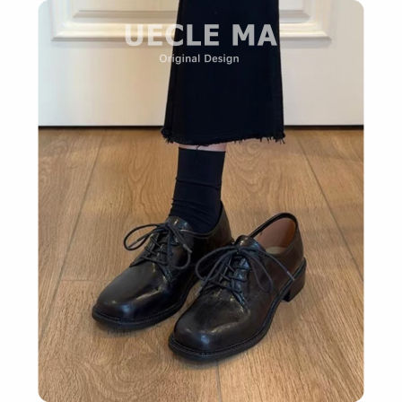 牛皮版~真皮圆头包鞋女粗跟系带黑色乐福鞋厚底英伦学院风小皮鞋