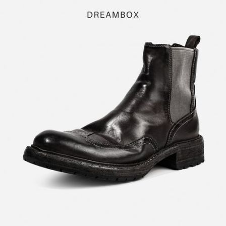 DREAMBOX钧博vibram防滑男靴水洗马皮靴子手工布洛克雕花切尔西靴