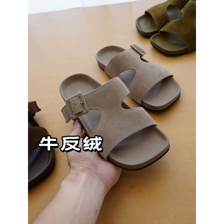 现货告别5折 舒适不磨脚！不规则磨砂牛皮一字拖沙滩女《JZAH074