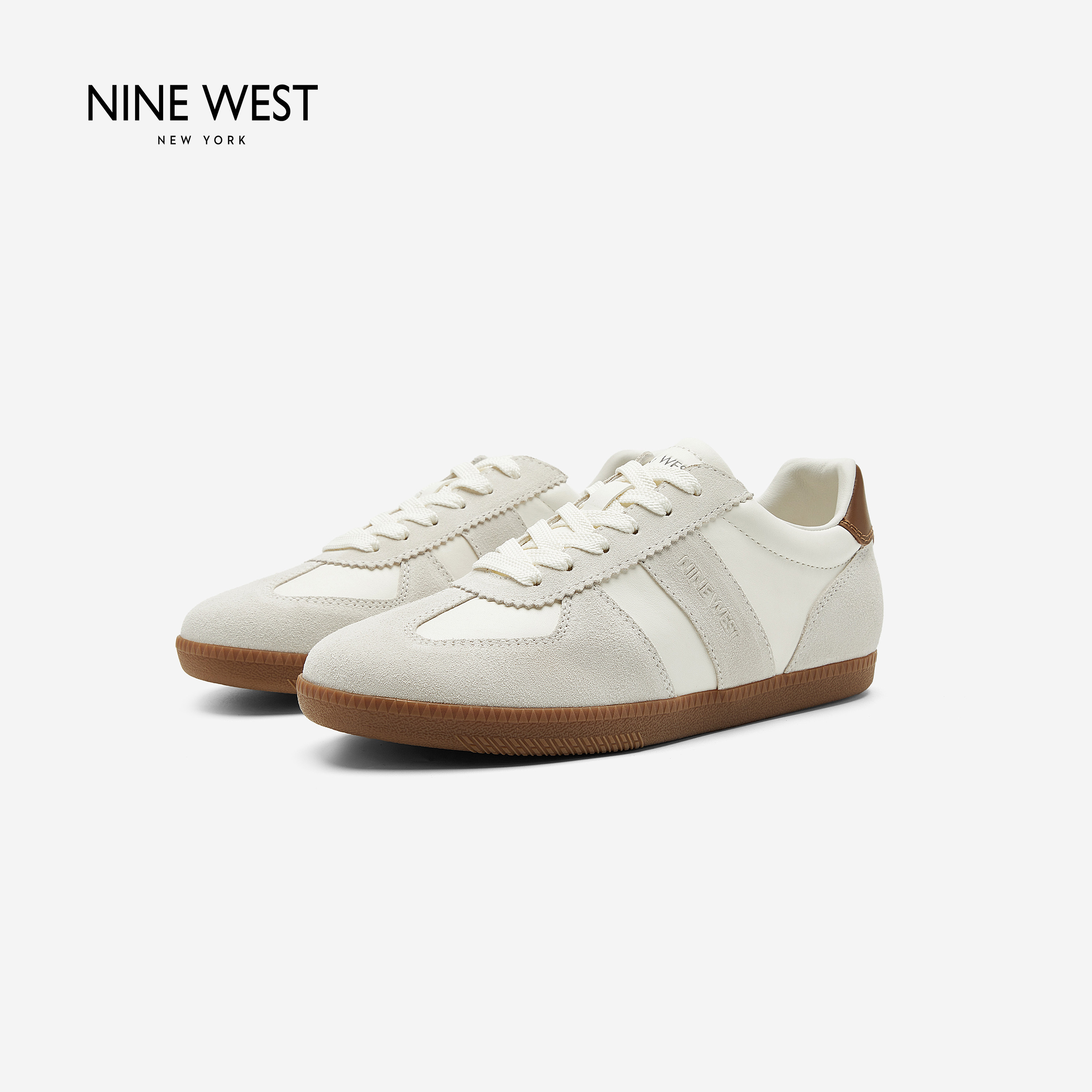 Nine West/玖熙拼接德训鞋生胶平底复古休闲软皮通勤百搭小白板鞋主图