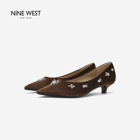 Nine West/玖熙尖头低跟通勤单鞋雪花钻饰小个子显腿长复古时装鞋