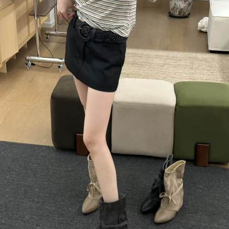 H55女鞋新款尖头皮面拼接绑带复古高级日常内增高长筒短筒时装靴