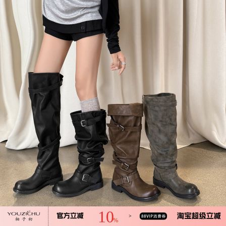 【柚子初】靴子女2026新款皮带扣褶皱堆堆靴可多穿软皮长筒骑士靴