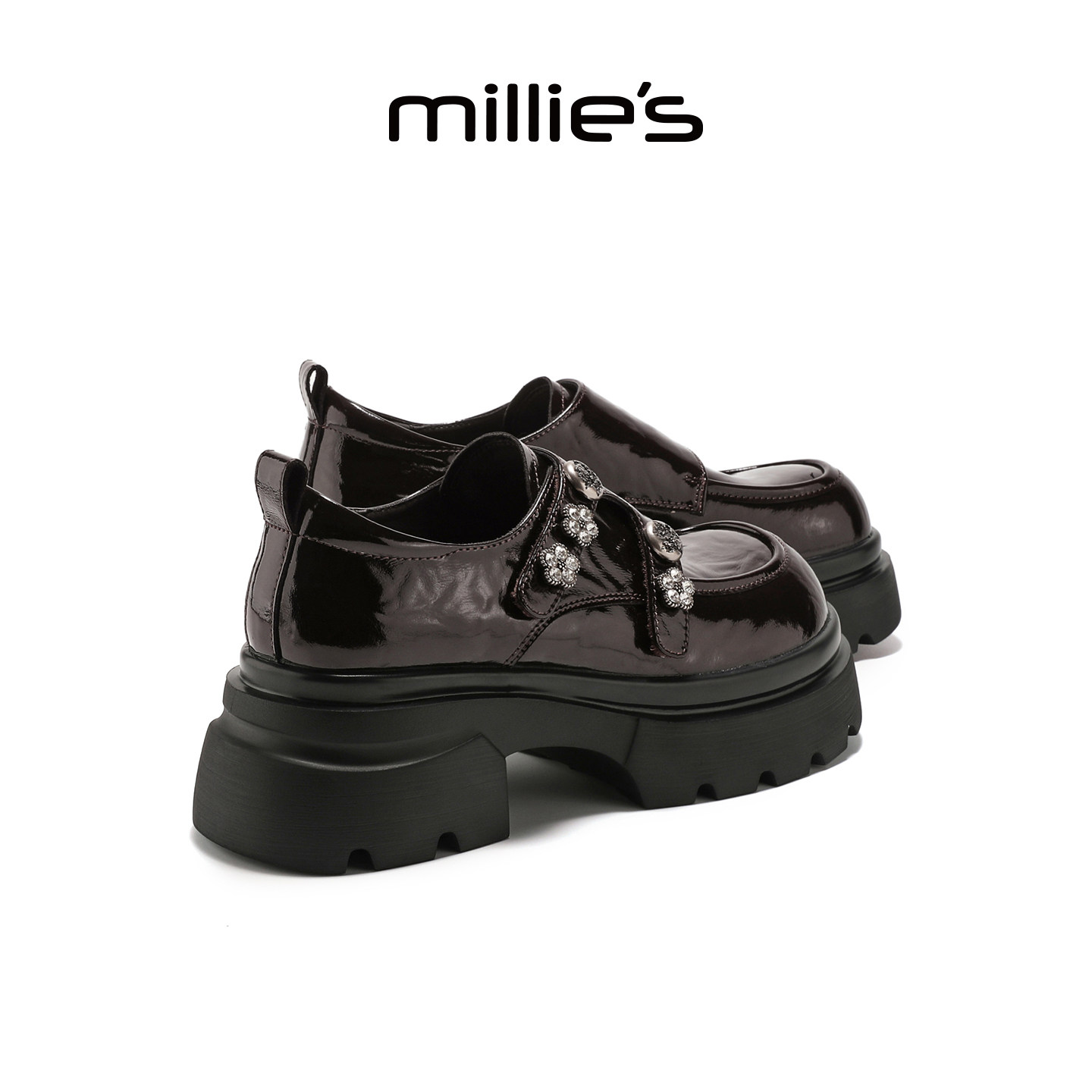 MILLIE'S/妙丽厚底乐福鞋女棕色皮带扣松糕鞋一脚蹬英伦风小皮鞋主图