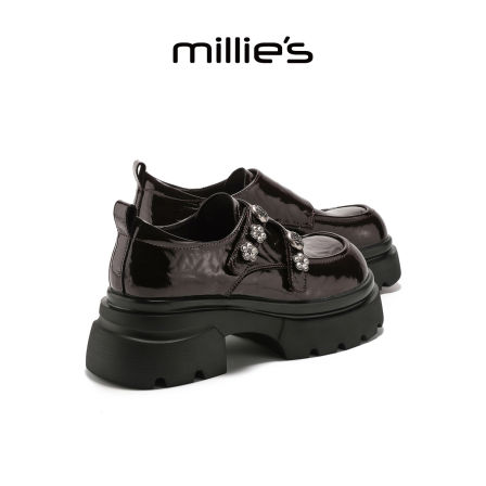 MILLIE'S/妙丽厚底乐福鞋女棕色皮带扣松糕鞋一脚蹬英伦风小皮鞋