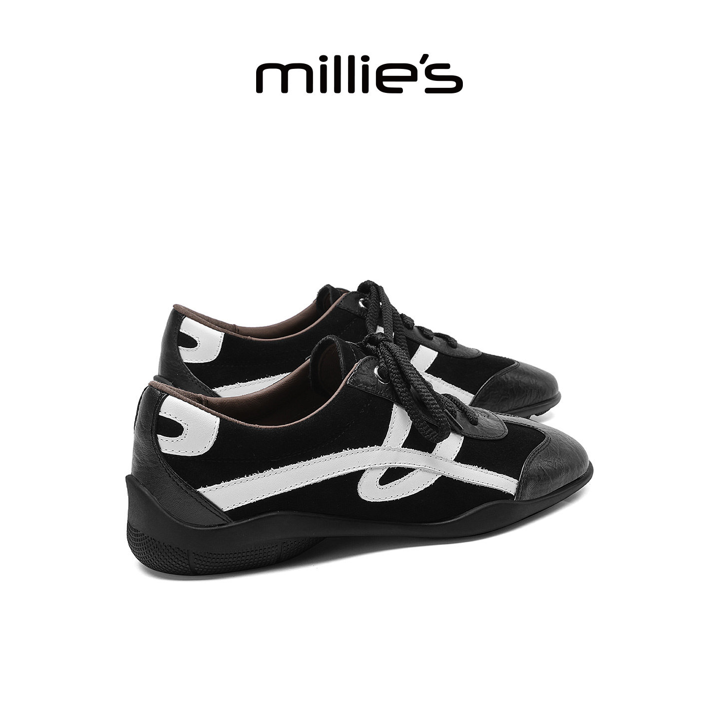 MILLIE'S/妙丽真皮德训鞋女鞋黑色拼色复古风百搭休闲鞋秋季新款主图