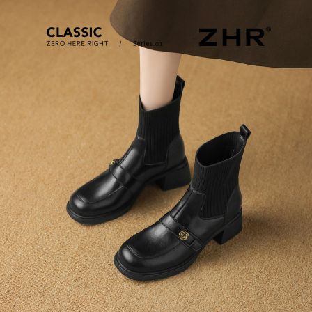 ZHR则则短靴女2026秋冬新款复古英伦风弹力袜靴小个子粗跟乐福鞋