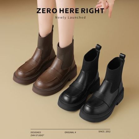 ZHR乐福鞋弹力袜靴女2025新年百搭复古软底加绒厚底瘦瘦靴
