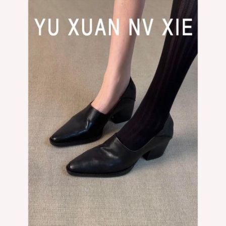 羊皮版~法式复古单鞋女春秋新款时尚百搭软底粗跟黑色通勤工作鞋