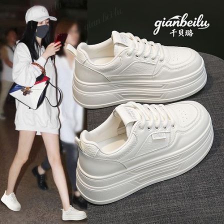 千贝璐【百搭厚底小白鞋】女春秋软皮轻便小白鞋增高6厘米女鞋