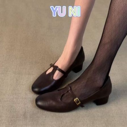 羊皮版~法式复古丁字扣带玛丽珍单鞋女圆头粗跟浅口通勤百搭皮鞋