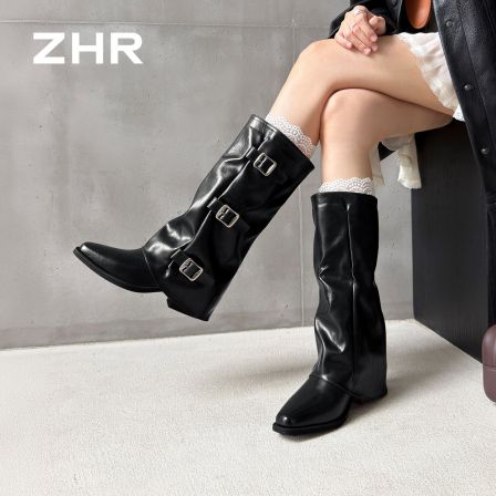 ZHR则则厚底长筒靴女2026新款复古英伦风骑士靴西部靴堆堆裤管靴