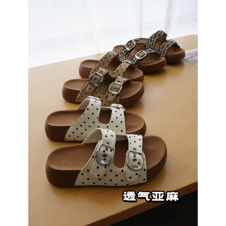 现货告别5折 亚麻勃肯鞋！波点字母印花双扣一字拖鞋女＜JZAU039