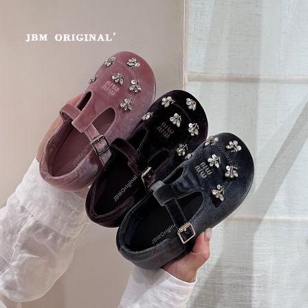 JBM 韩版女童甜美玛丽珍丝绒公主单鞋2026秋季儿童花朵水钻小皮鞋
