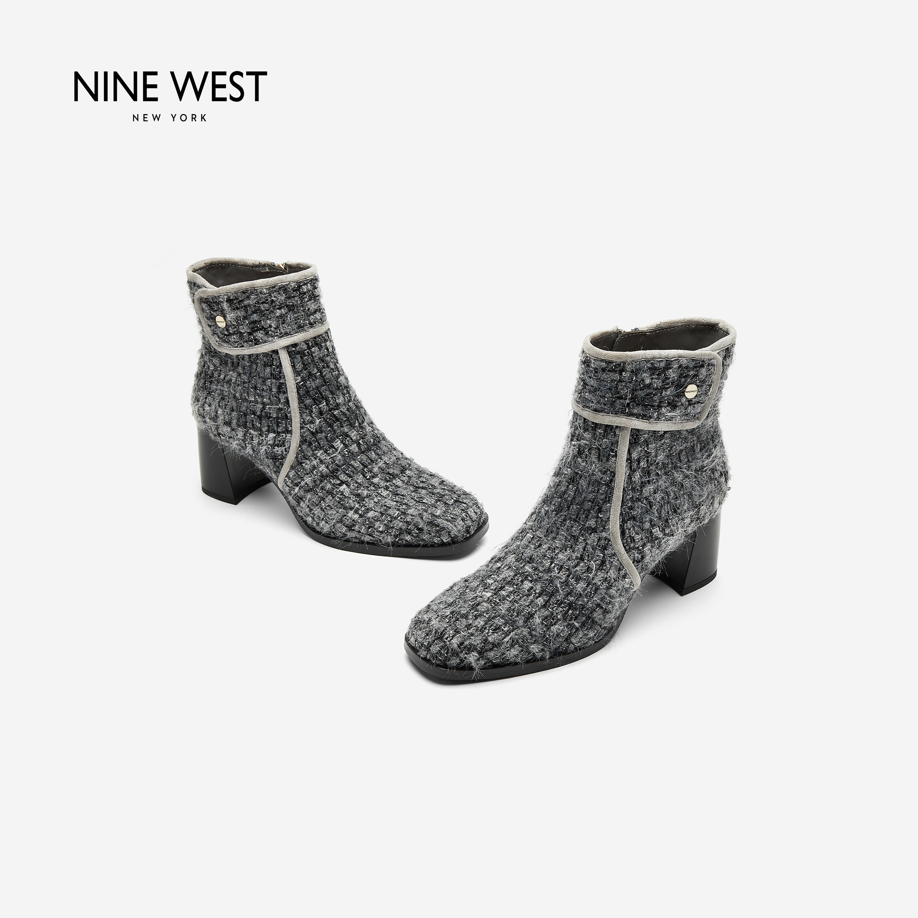 Nine West/玖熙通勤风粗跟短靴女秋冬编织纹理方头气质百搭时装靴主图