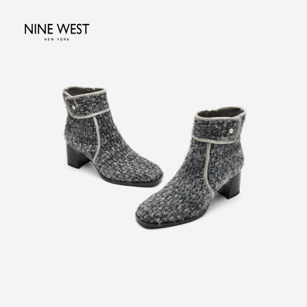 Nine West/玖熙通勤风粗跟短靴女秋冬编织纹理方头气质百搭时装靴