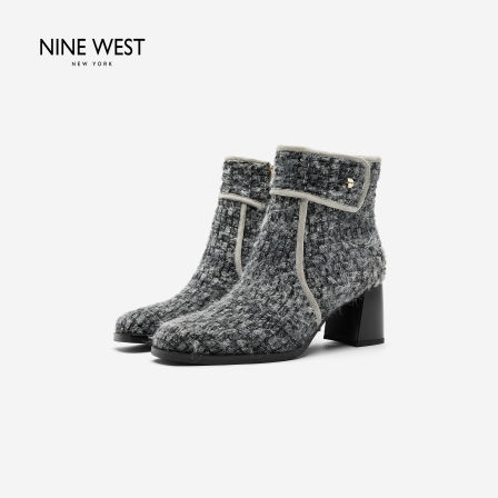 Nine West/玖熙复古风粗跟短靴女秋冬方头灰色高跟气质拼接时装靴