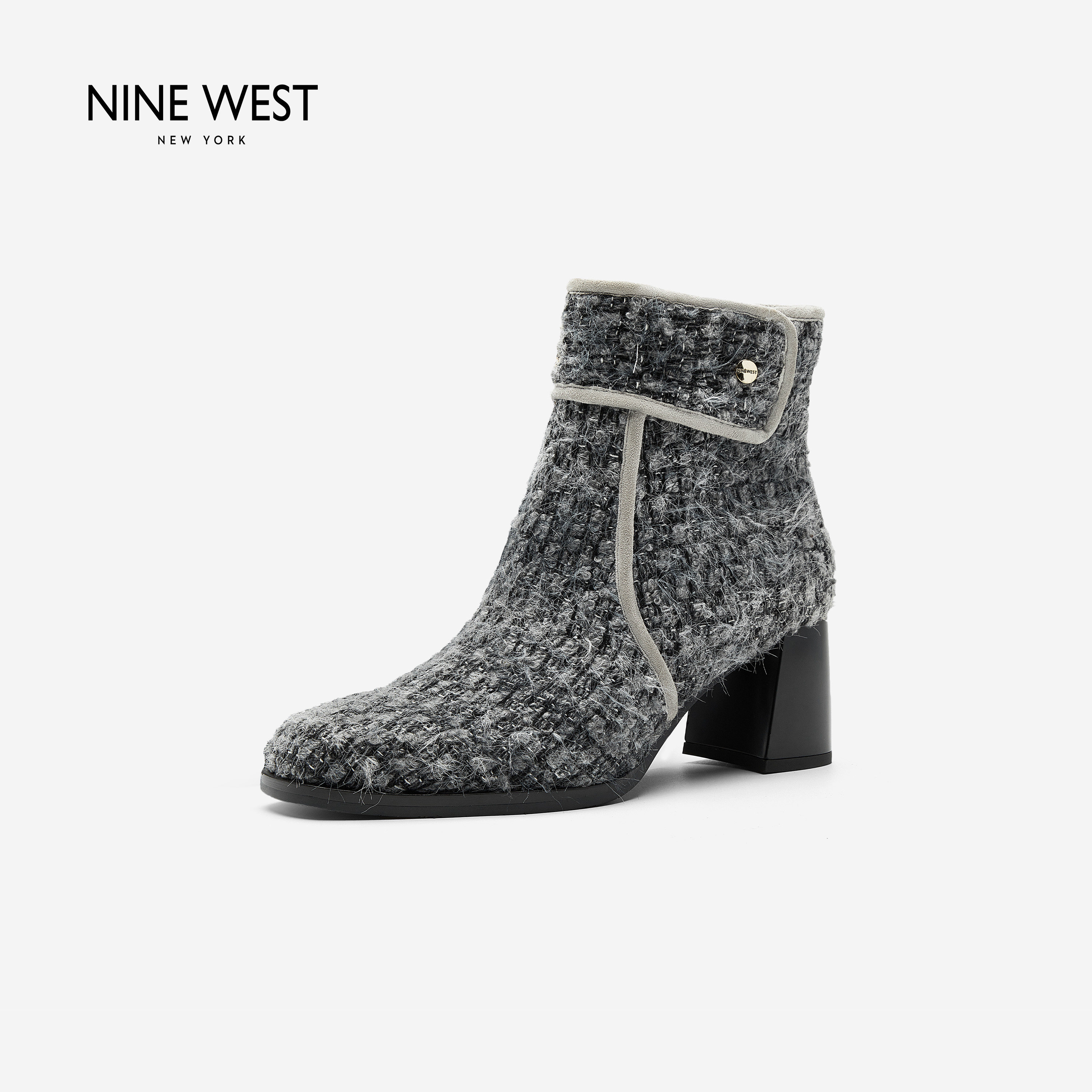 Nine West/玖熙小香风粗跟短靴女秋冬百搭侧拉链优雅气质高跟靴主图
