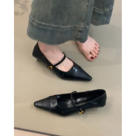 羊皮~尖头气质小猫跟单鞋女2026秋季新款真皮一字扣复古玛丽珍鞋
