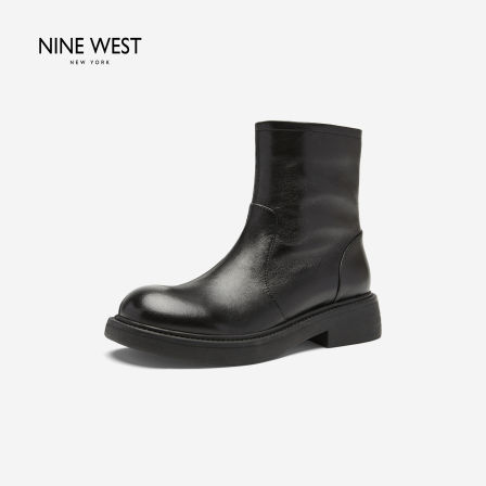 Nine West/玖熙复古风真皮短靴女黑色百搭厚底切尔西靴显瘦时装靴