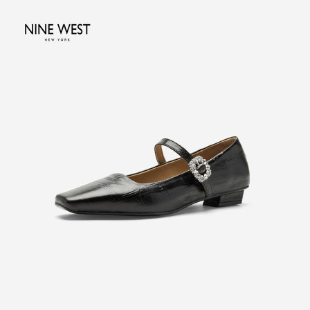 Nine West/玖熙褶皱软皮玛丽珍鞋女方头水钻扣低跟浅口复古通勤鞋